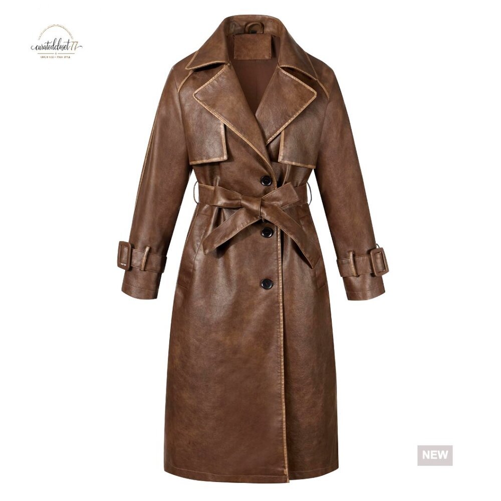 Faux Leather Trench Coat Oversized Classic Lapel Belted Coat Chic Outerwear